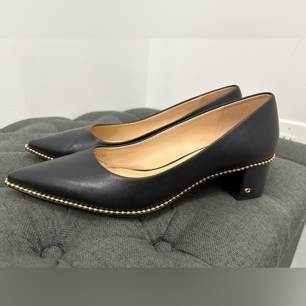Coach Black Leather Heels with Gold Accents